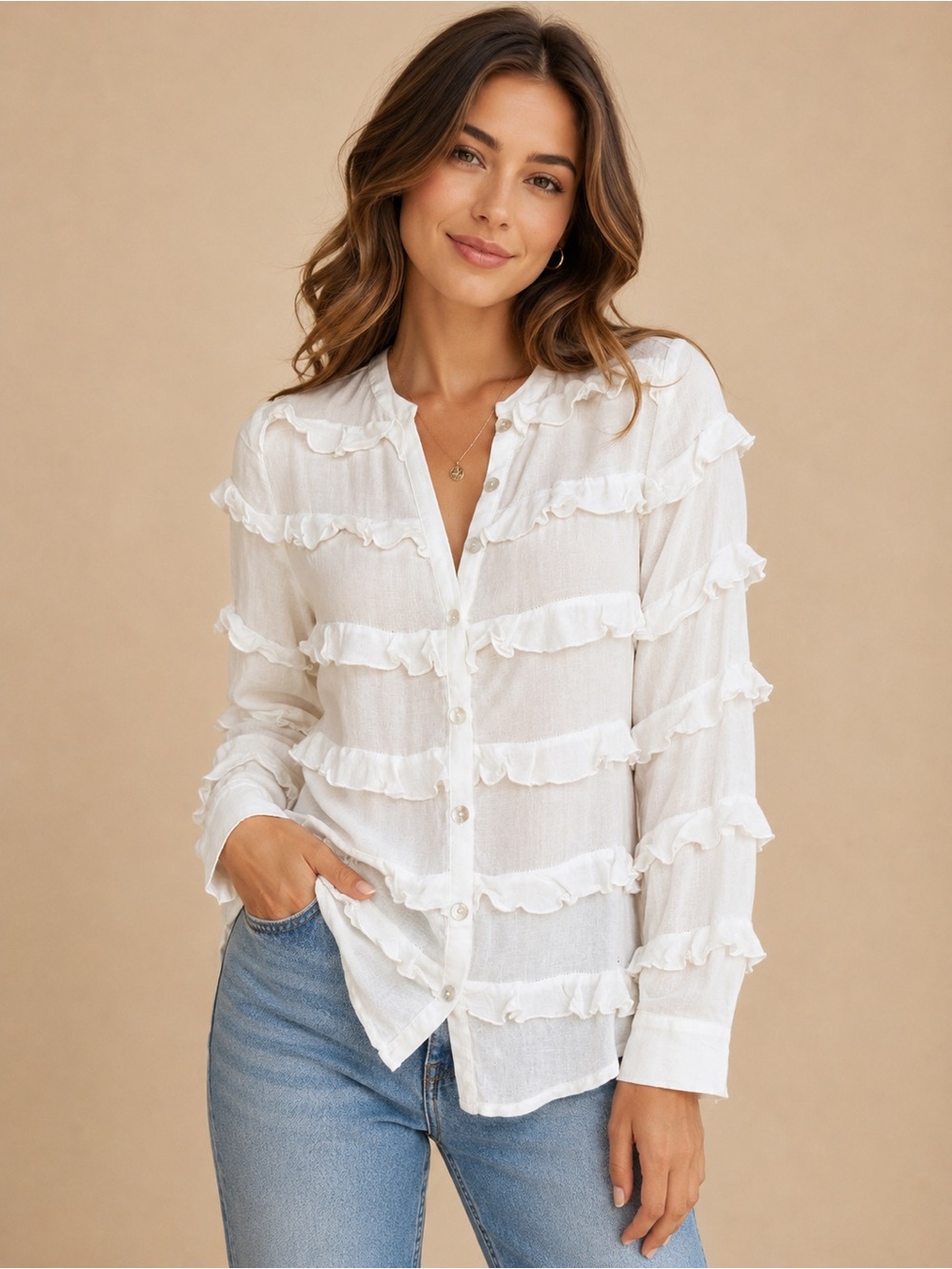 Chaser XS White Sheer Ruffle Button Front Boho Blouse Top